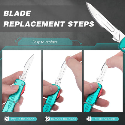 Automatic Utility Knife All Metal EDC Push Button Box Cutter with Quick-Change Retractable Blade, Includes 10pcs #23 Stainless Steel Blades & Clip,Knifes for Precision Work Green