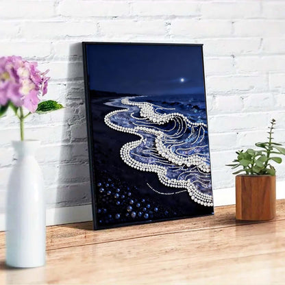Sea Wave Special Shaped Diamond Art Painting Kits for Adults, Beach 5D Pearl Diamond Painting Kits for Adults Beginner,DIY Pearl Rhinestones Diamond Dots Painting for Home Wall Decor 12 x 16 Inch