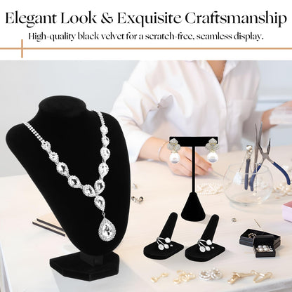 Wenqik 3 Pcs Velvet Jewelry Display Set Velvet Necklace Bust Holder T Shape Earring Stand Ring Finger Jewelry Holder, Black