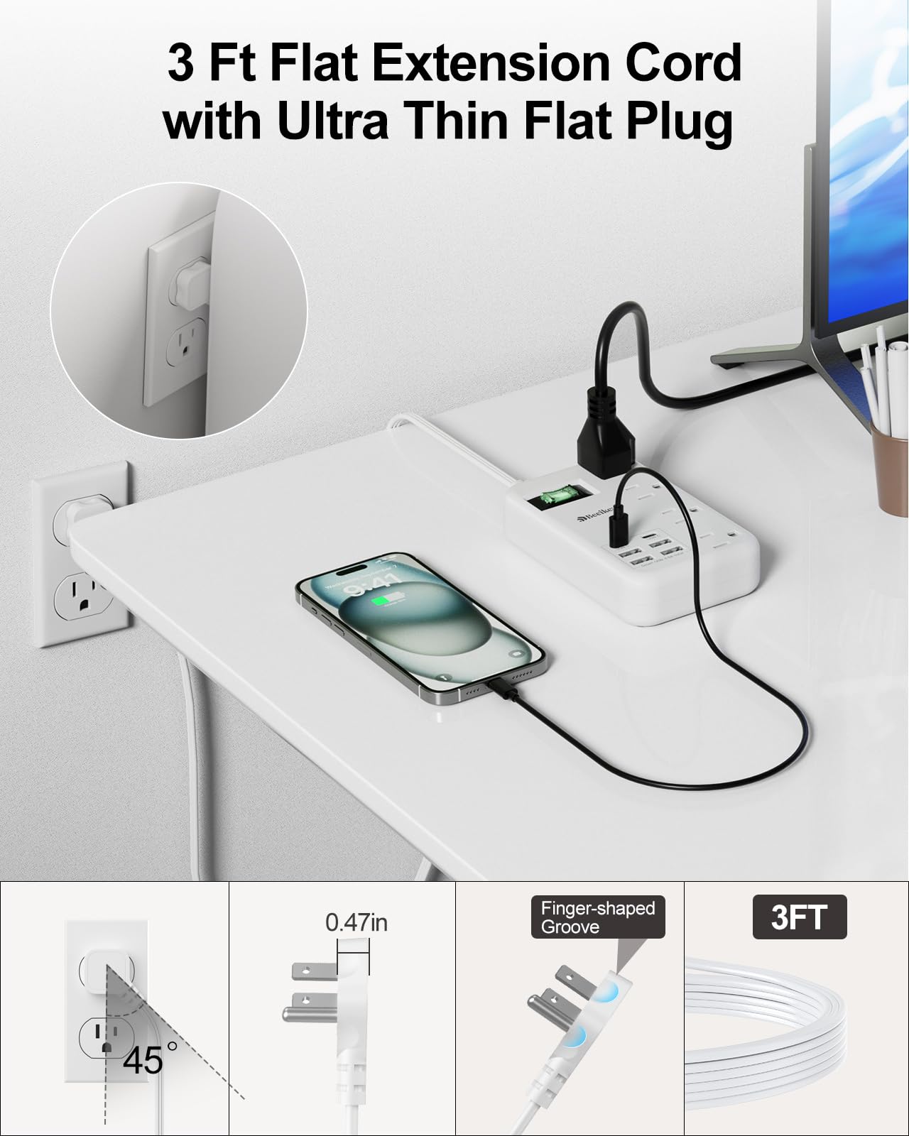 6 USB(2 USB C) Purple Travel Power Strip- 5Ft Lavender Extension Cord with 24W USB Charging Station and 4 Outlets, Purple Desk Accessories with Surge Protector for Cute Kawaii Office Dorm Room