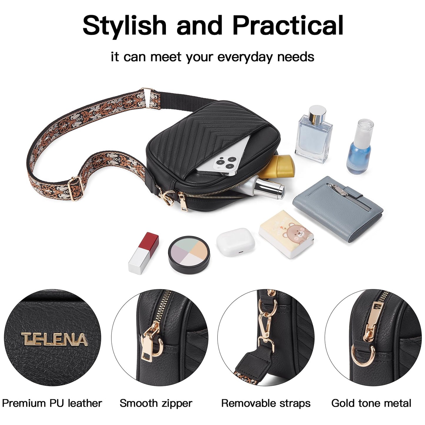 Telena Small Crossbody Bags For Women Vegan Leather Crossbody Purse With Adjustable Wide Strap For Daily Life