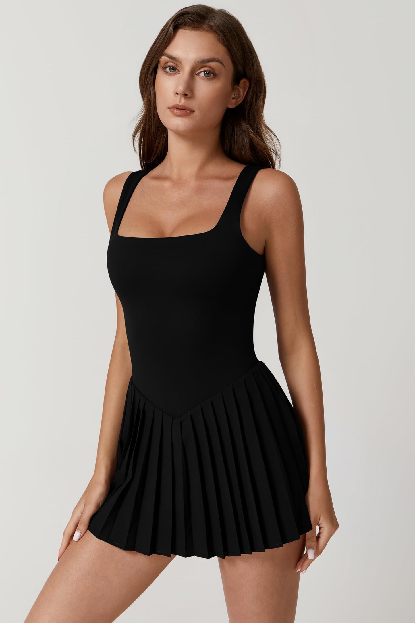 QINSEN Pleated Workout Dress with Built in Shorts Square Neck Sleeveless No Bra Summer Athletic Dress Black XL