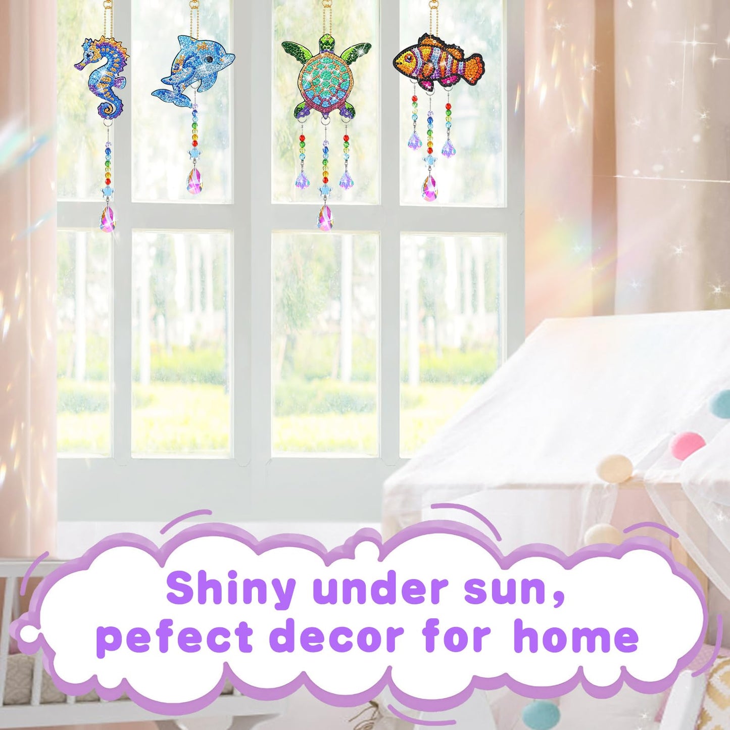 Diamond Art Kits for Kids - Crafts Gifts for Girls 8-12, 4 Pcs Double Sided Sea Animal Style Wind Chime, Hanging Crystal Rhinestone Painting Ornament