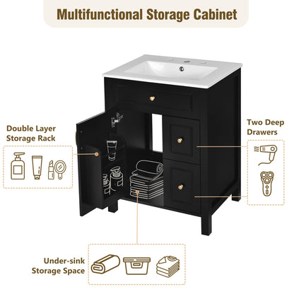 Favfurish 24" Bathroom Vanity with Ceramic Sink,Free Standing Single Basin Vanity w/Soft Close Door and Soft Closing Drawers,Wooden Bath Cabinet with Double Storage Racks on The Door,Black