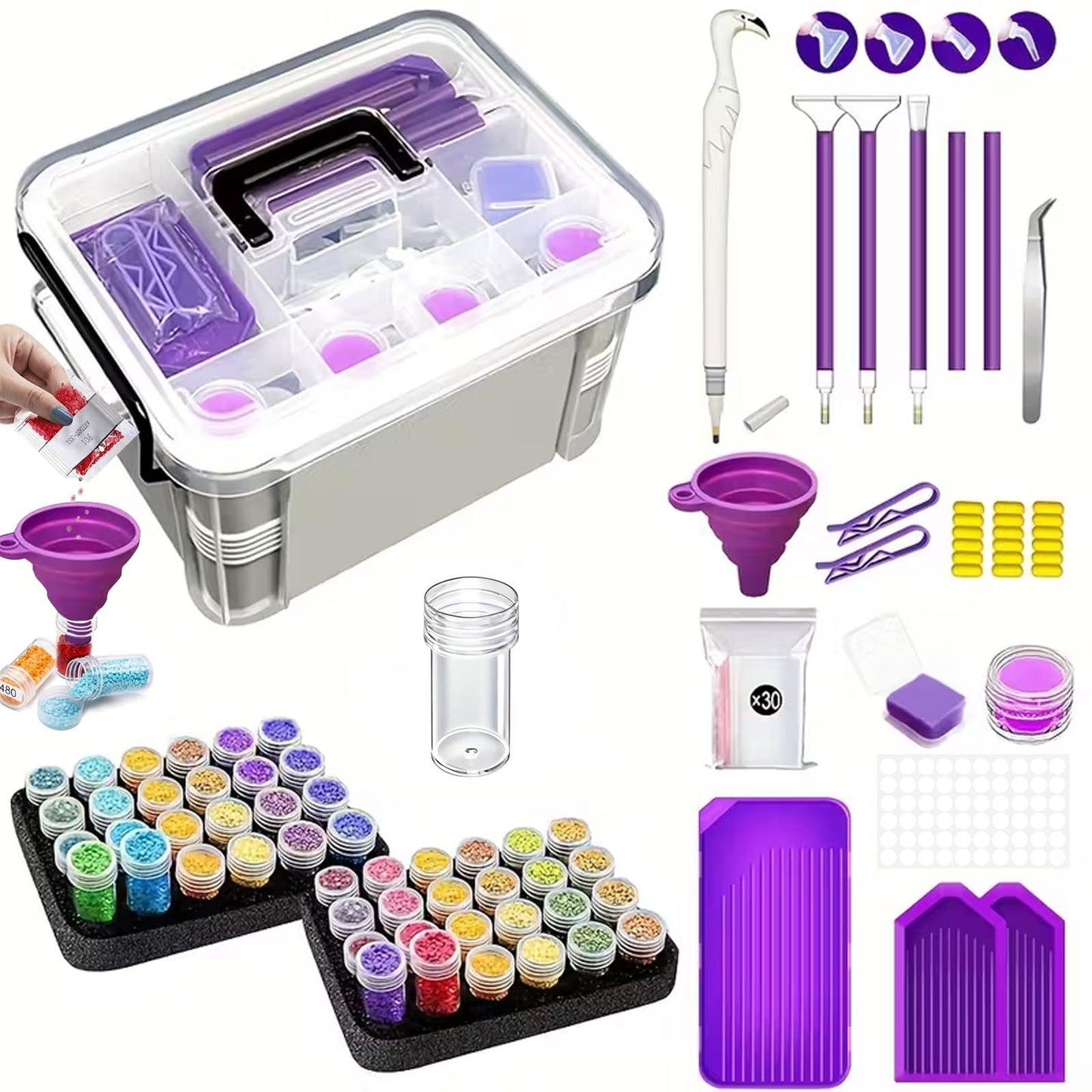 CXJINZE Diamond Painting Tools Accessories Storage-Kit - 111Pcs 5D Set Portable Tool Box with Handle Craft Jewelry Bead Storage Purple Box Art Trays for Diamond Painting Accessories and Tools
