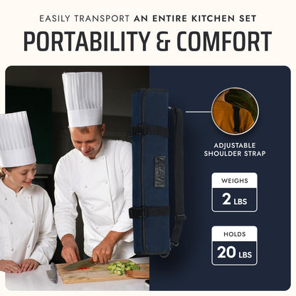 Asaya Waxed Canvas Chef Knife Roll Bag with 10 Slots and a Zipper Pocket - Professional Chef Knife Bag & Storage Case, with Shoulder Strap - Knives Not Included (Blue)