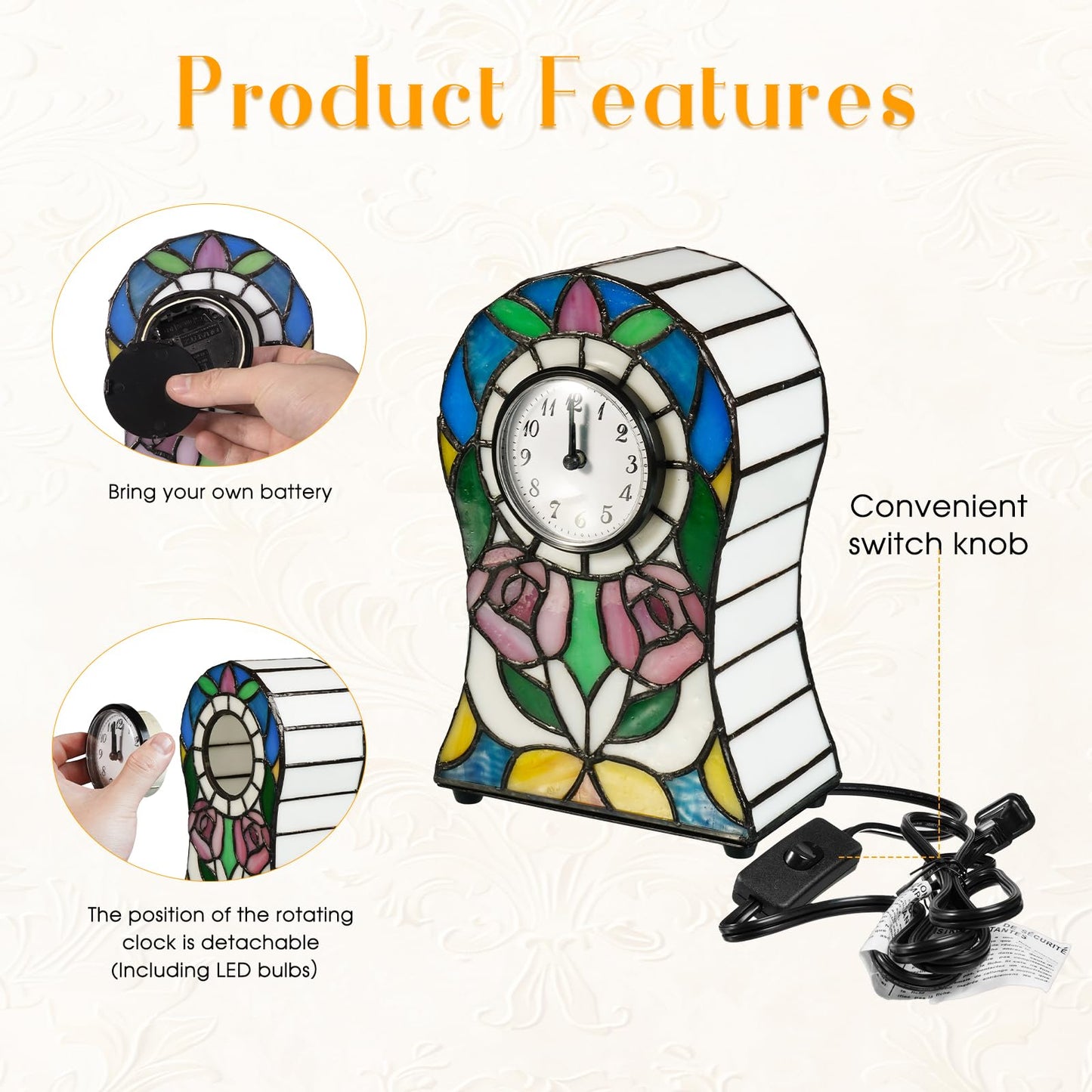 Yodimust Tiffany Style Rose Pattern Bell-Shaped Table Lamp with Clock, Stained Glass Lamp, Creative Clock Lamp, Decoration for Bedroom, Bedside Lamp, Office