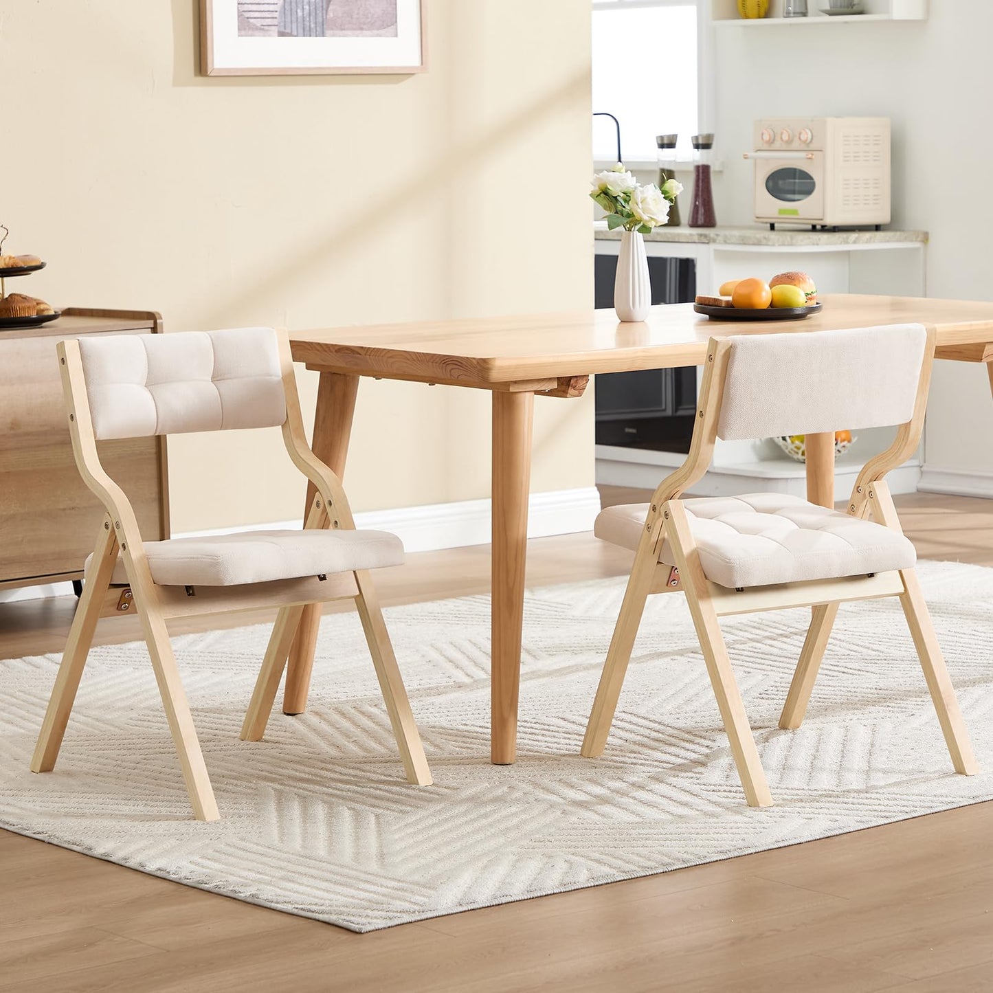 choairy Folding Dining Chairs Set of 4,Padded Foldable Dining Chairs with Cushion,Portable Wooden Folding Chairs for Dining Rooms Kitchen Wedding and Party Indoor Beige