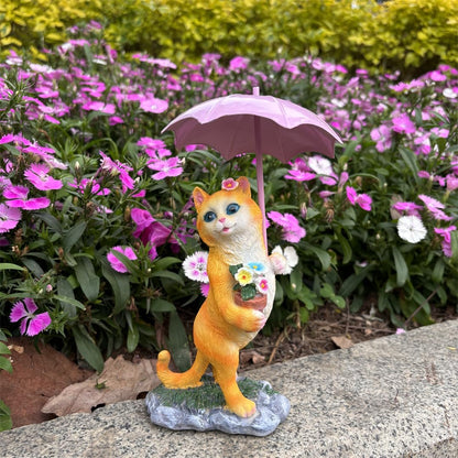 Yaoemei Cat Statue, Garden Kitty Cat Sculpture Holding Flower Pot with Umbrella, Outdoor Cat Home Decor for Yard Patio