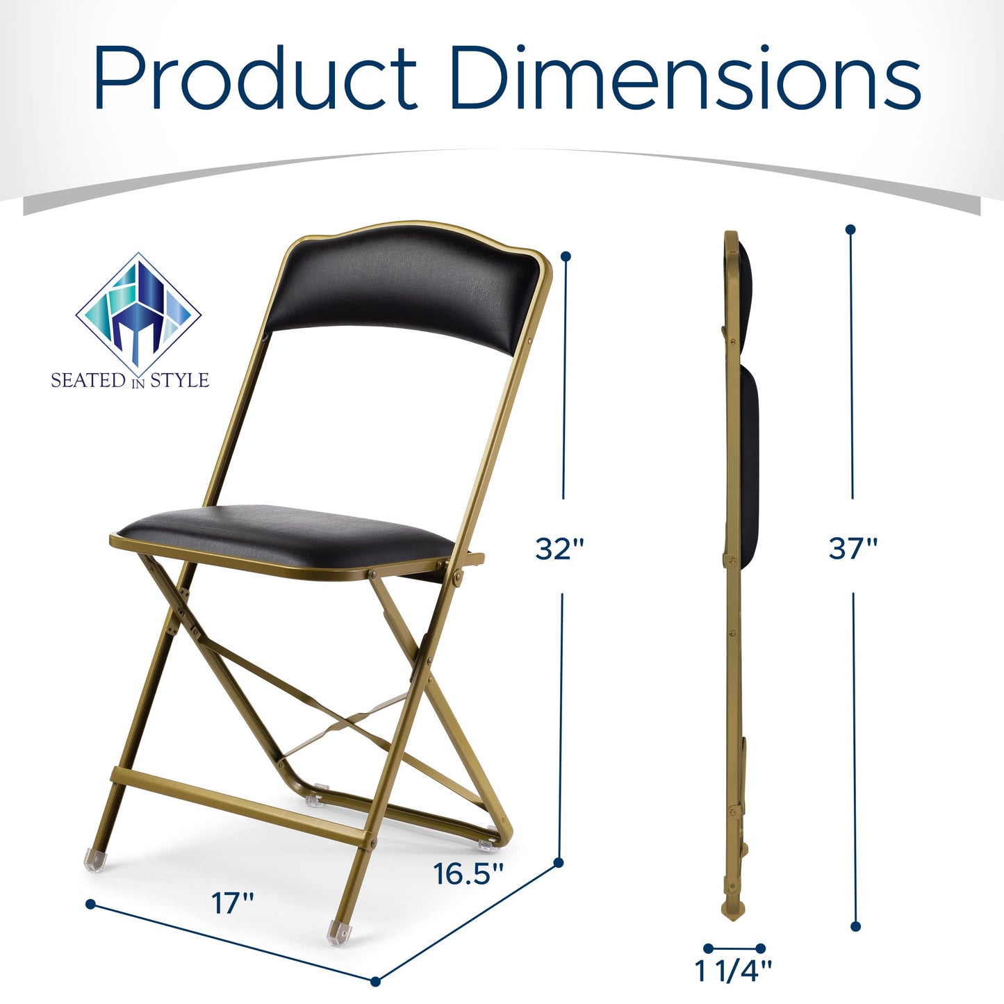 Premium Folding Chairs 4 Pack - Narrow 15" Seat, Padded Seat & Back - Folds Ultra Slim (~1 Inch) - Elegant Event Seating for Weddings, Parties & Dining Gold Frame Black Vinyl