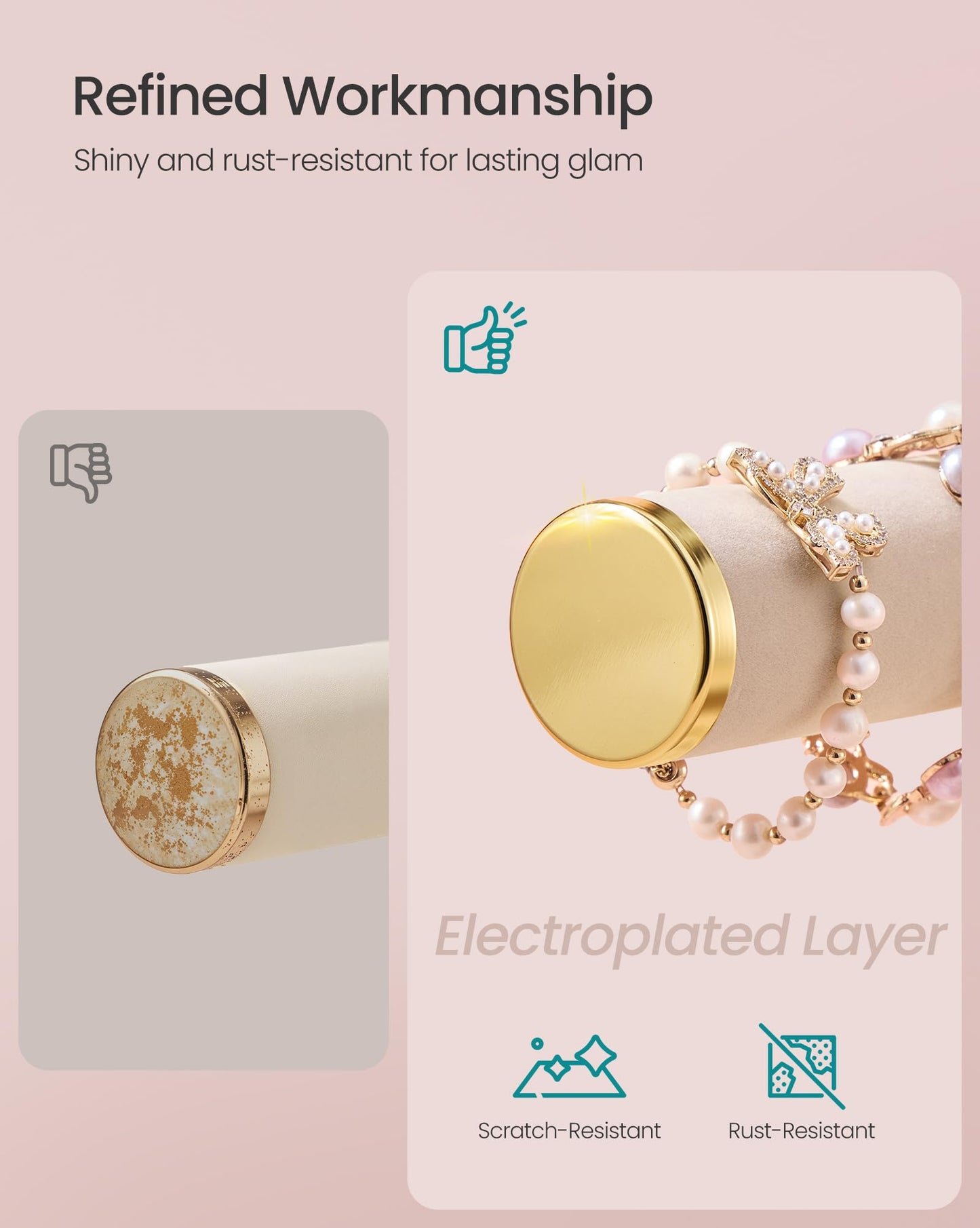 SONGMICS Bracelet Holder Stand, Jewelry Display Stand, Jewelry Organizer, with 3 Tiers and Velvet Tray, Removable Ring Holder, Cloud White and Camel Brown UJJS027A01