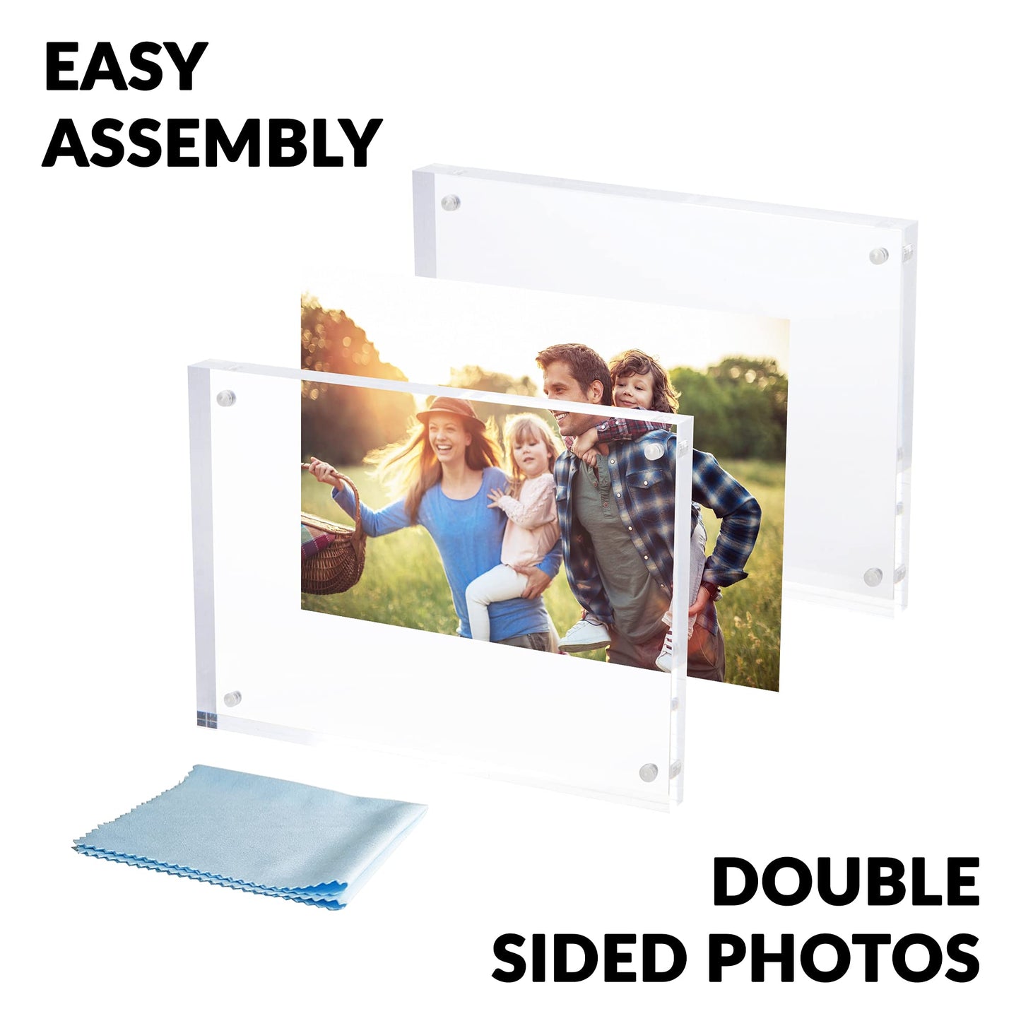SimbaLux Magnetic Acrylic Picture Photo Frame 5x7 inches (3 Pack), Clear Glass Like, Double Sided Frameless Desktop Floating Display, Free Standing, Easy to Change