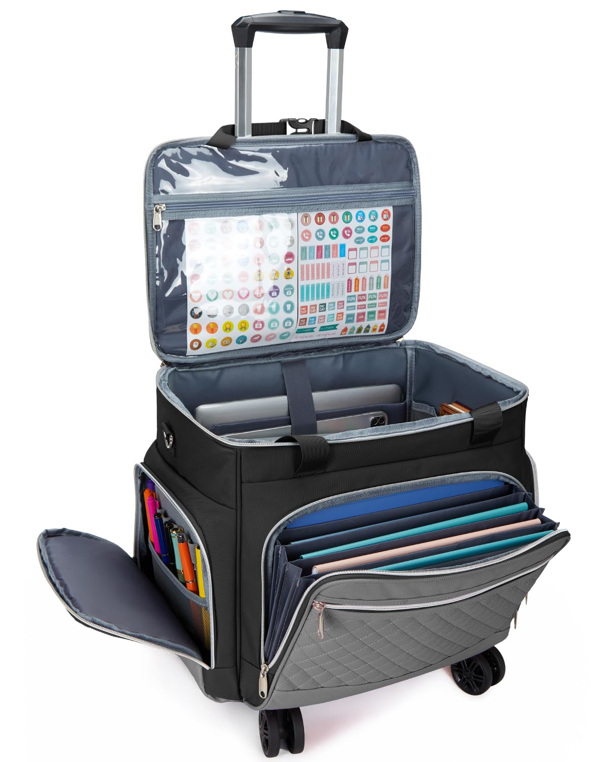 Amythe Rolling Teacher Tote Bag with Wheels, Rolling Briefcase for Women, 15.6 Inch Laptop Bag, 5-Wheel Rolling System with Detachable Trolley for Work, Teaching and Travel, Black Grey