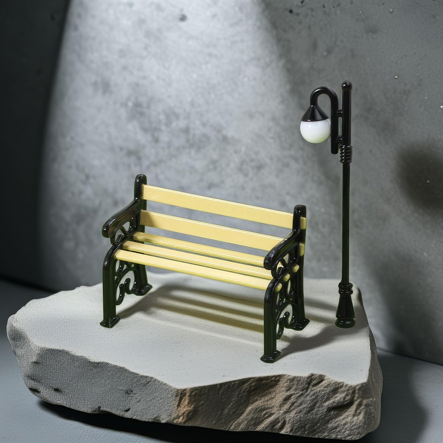 Miniature Lamppost & Bench Set (1:24 Scale): Metal & Wood Outdoor Scene Accessories for Dollhouse Garden, Park Decor, Adult Collector