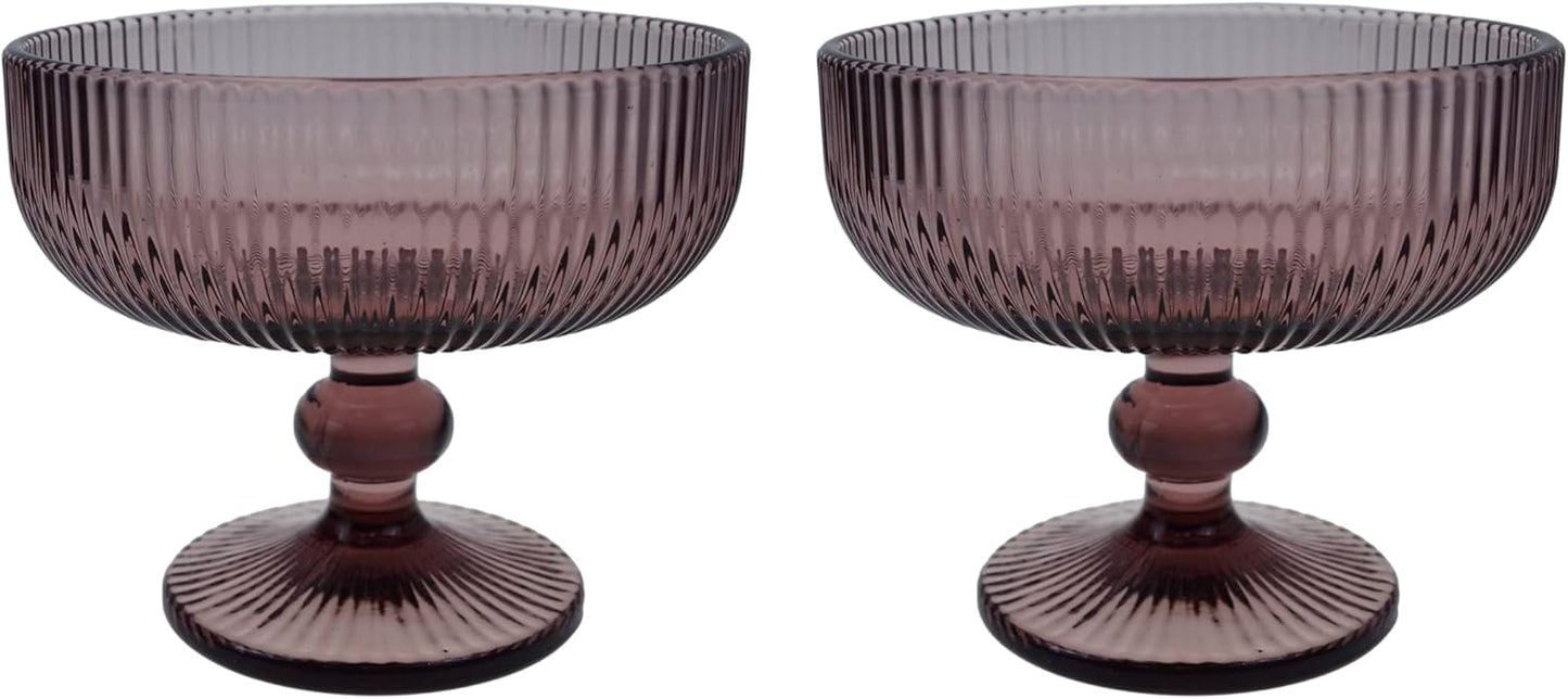 Vintage Strips Embossed Glass Footed Dessert Bowl, 9 oz Dark Purple Ice Cream Bowl, Set of 2 for Home Party
