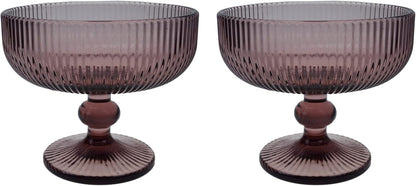 Vintage Strips Embossed Glass Footed Dessert Bowl, 9 oz Dark Purple Ice Cream Bowl, Set of 2 for Home Party