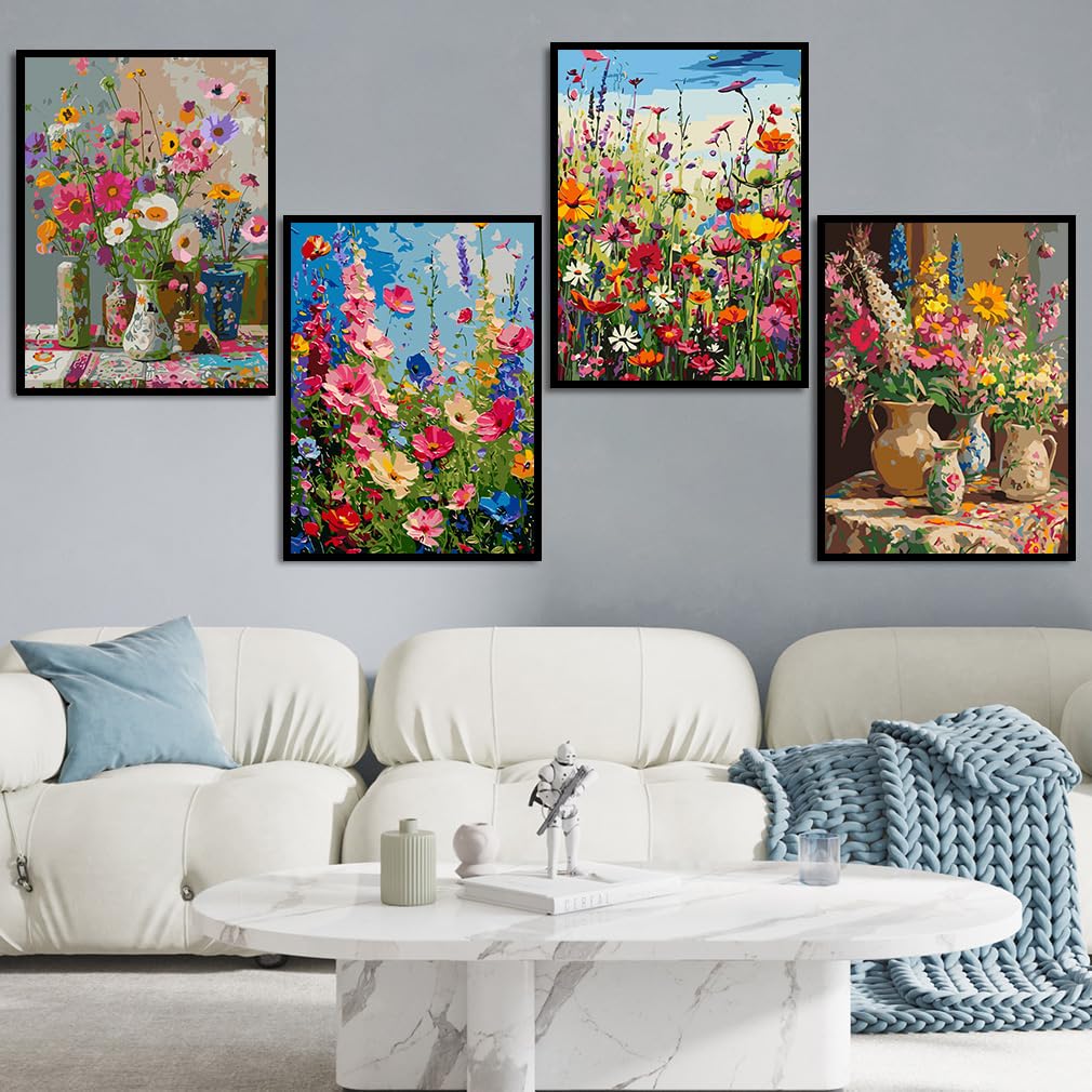 croshom 4 Packs Paint by Numbers Kit for Adults - Adult Paint by Number Kits, Flowers Painting by Numbers, Acrylic Crafts for Home Decor 11.8x15.7inch