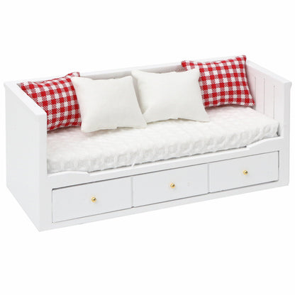 Miniature Dollhouse Daybed, 1/12 Scale Couch, Upholstered Wooden Fabric Sofa with Pillows, Mini Loveseat Sofa Furniture Set for 6 Inch Dolls, Modern Living Room Realistic Model DecorationAccessories