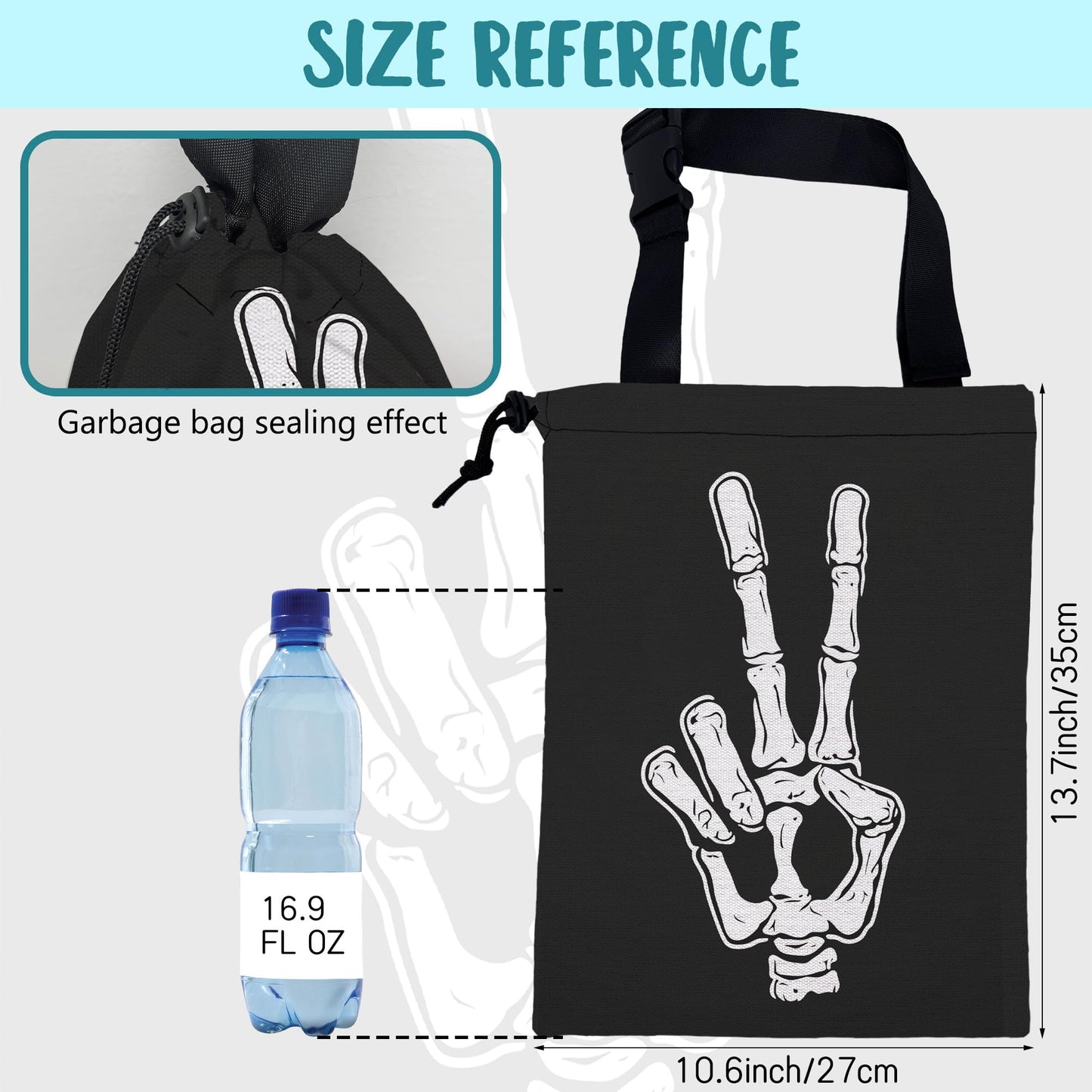 KXWQTRDD Car Garbage Bag Skeleton Hand Peace Sign Drawstring Car Trash Bag Hanging for Back Seat with Adjustable Buckle Canvas Vehicle Trash Can Easy-to-Install