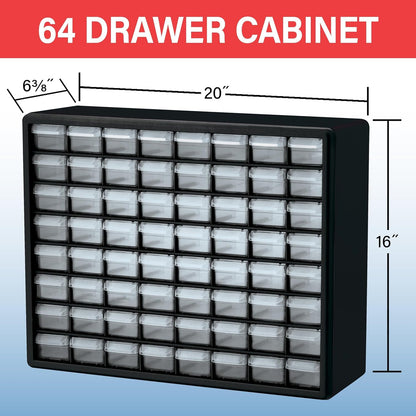 Akro-Mils 64-Drawer Plastic Drawer Storage Cabinet for Garage Organization, Bead Organizer, Building Bricks Storage, Teacher Toolbox, Makeup Organizer, 20" W x 6" D x 16" H, 10764 Black
