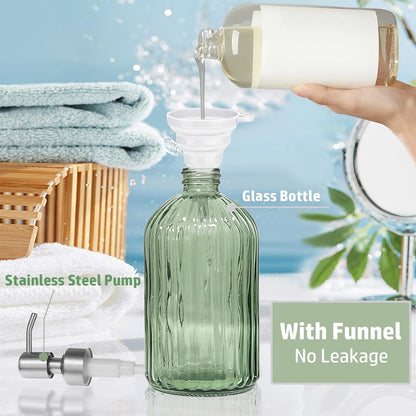 Green Shampoo and Conditioner Dispenser for Wall Mount, 14oz Clear Glass Shower Soap Bottle for Bathroom, Modern 1 Chamber No Drill, Easy Refill Hand Body Wash Dispensers with Stainless Steel Pump