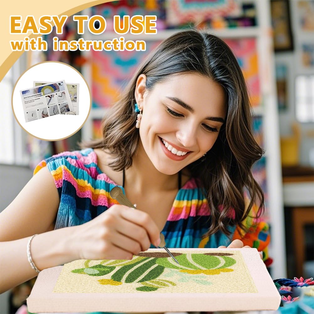Doodlream Cartoon Cactus DIY Punch Needle Embroidery Kit for Adult Beginner, 9.4" Cactus Punch Stitching Craft Set for Starter with Frame, Fabric Pattern, Threader, Yarn, Pinch Needle