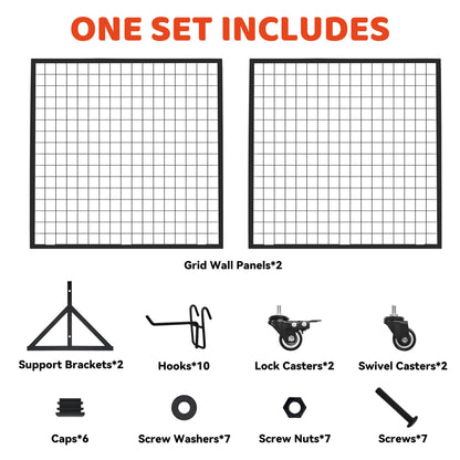 2 Packs 3' x 6' Grid Wall Panels Display Stand with Wheels, Heavy Duty Wire Grid Wall Rack for Retail, Craft Fairs & Art Shows, Mobile Floor Standing Fixture with 20 Hooks, Black