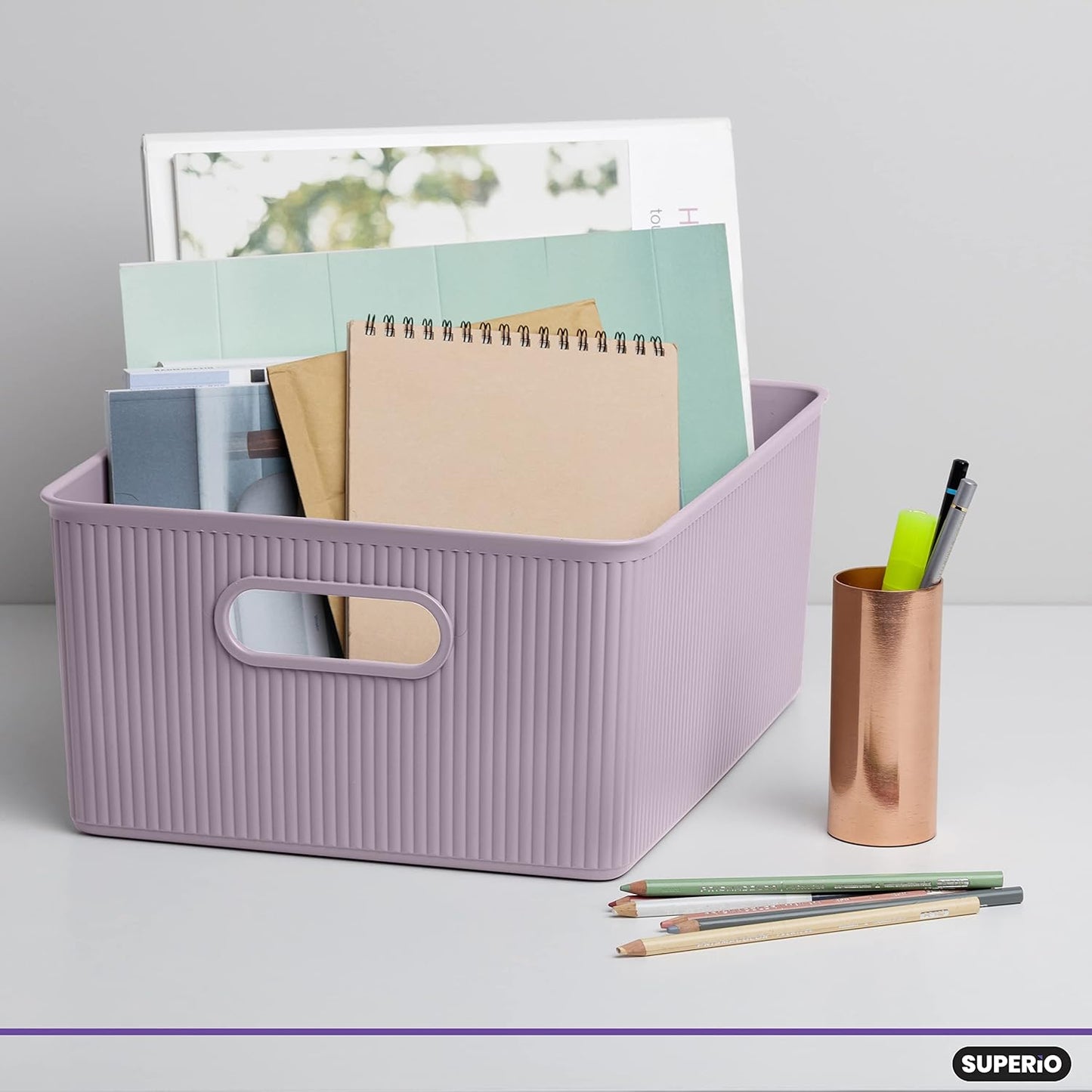 Superio Ribbed Collection - Decorative Plastic Open Home Storage Bins Organizer Baskets, Lilac Purple (Set of 3) 1