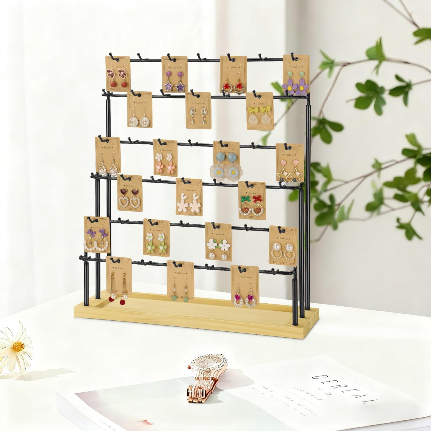 Jewelry Display for Vendors,6 Tiers 42 Hooks Earring Rack Display Holder Stand, Earring Organizer Holder for Necklaces Rings Bracelets Keychains,Jewelry Display for Selling with Earrings Cards-Black
