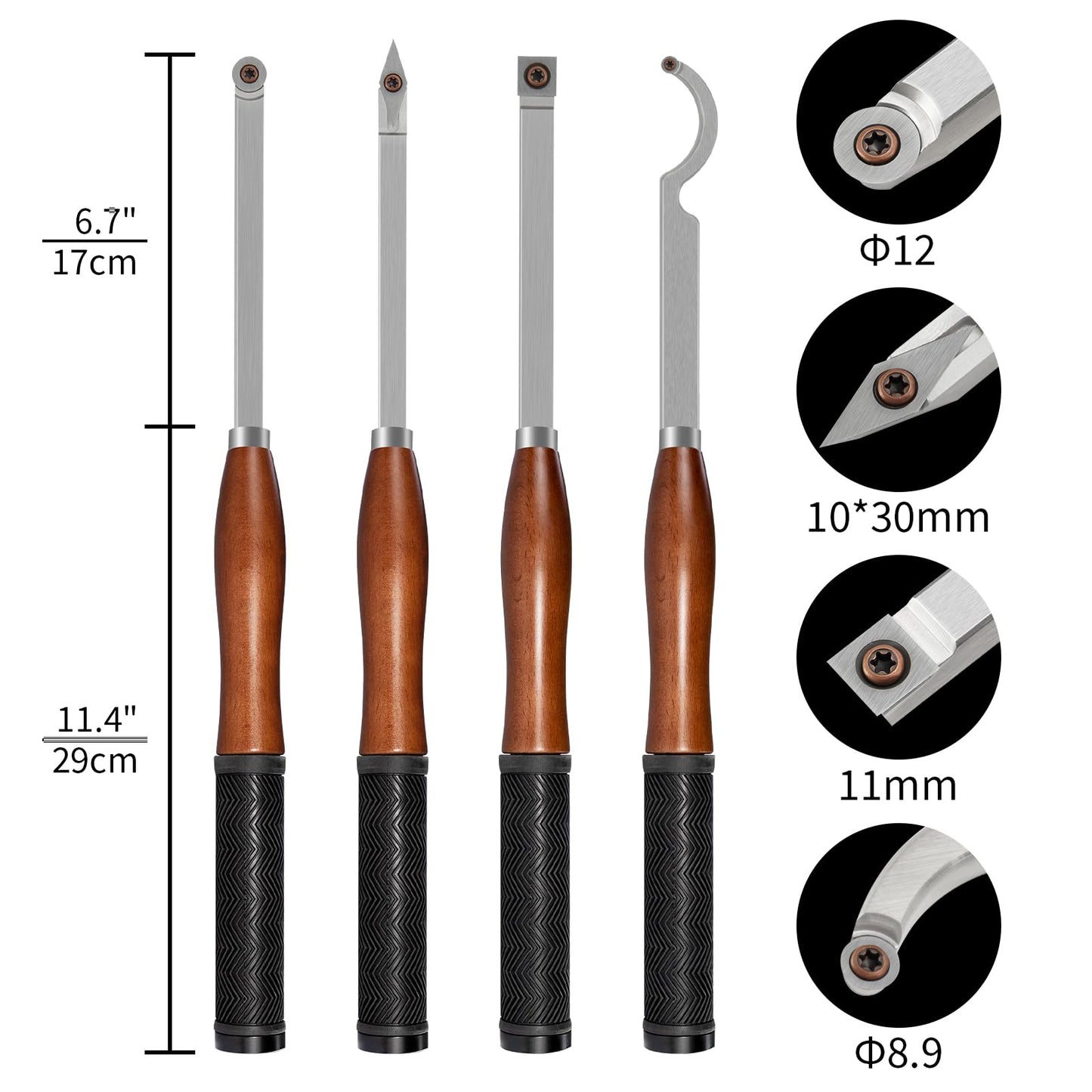 SIIIXS Full Size Carbide Wood Lathe Turning Tool Kit with Wooden Box, 4pcs 18" Professional Carbide Lathe Tools including Swan Neck Hollower, Rougher, Finisher, Beech Handle with Rubber