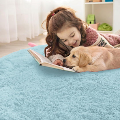 OLANLY Round Light Blue Area Rug - Soft, Fluffy, Machine Washable 3 ft Circle Carpet for Bedroom & Nursery Decor