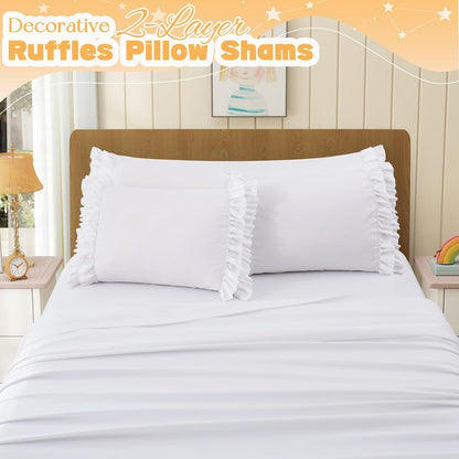 RUDONG M Ruffled Pillow Cases Set of 2, Standard Microfiber Pillowcases, Decorative Ruffle Pillow Covers with Envelope Closure, 20x26 Inches White Boho Pillow Shams