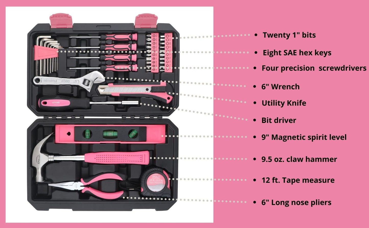 Apollo Tools 39 Piece General Household Tool Set in Toolbox Storage Case with Essential Hand Tools for Everyday Home Repairs, DIY and Crafts - Pink Ribbon - Pink - DT9711P
