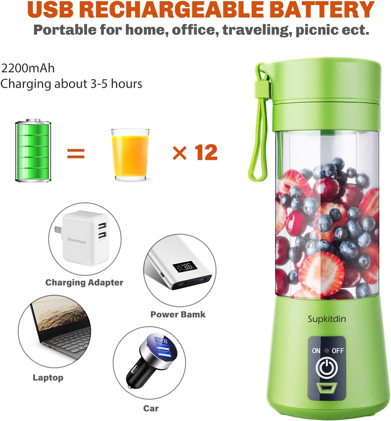 Portable, Personal Mixer Rechargeable with USB, Mini Blender for Smoothie, Fruit Juice, Milk Shakes, 380ml, Six 3D Blades for, 9.12x3.25x3.25 inch, Green