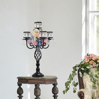 23.2 inch Tall Elegant and Chic 5 Arm Pendant Crystal Candlestick Holder Table Decoration tealight Candle Holder, Candelabra for Gorgeous Wedding/Parties Table Centerpiece (1, Black)