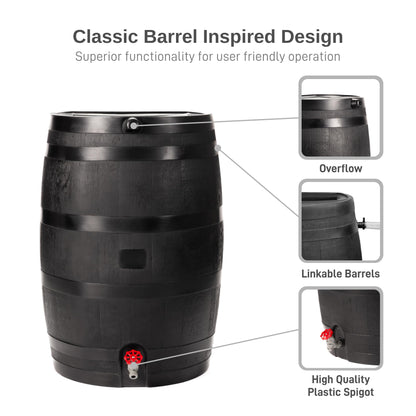 RTS Home Accents 50-Gallon ECO Rain Barrel Made with 100% Recycled Plastic, Flat Back Rain Water Collection Barrel, Black
