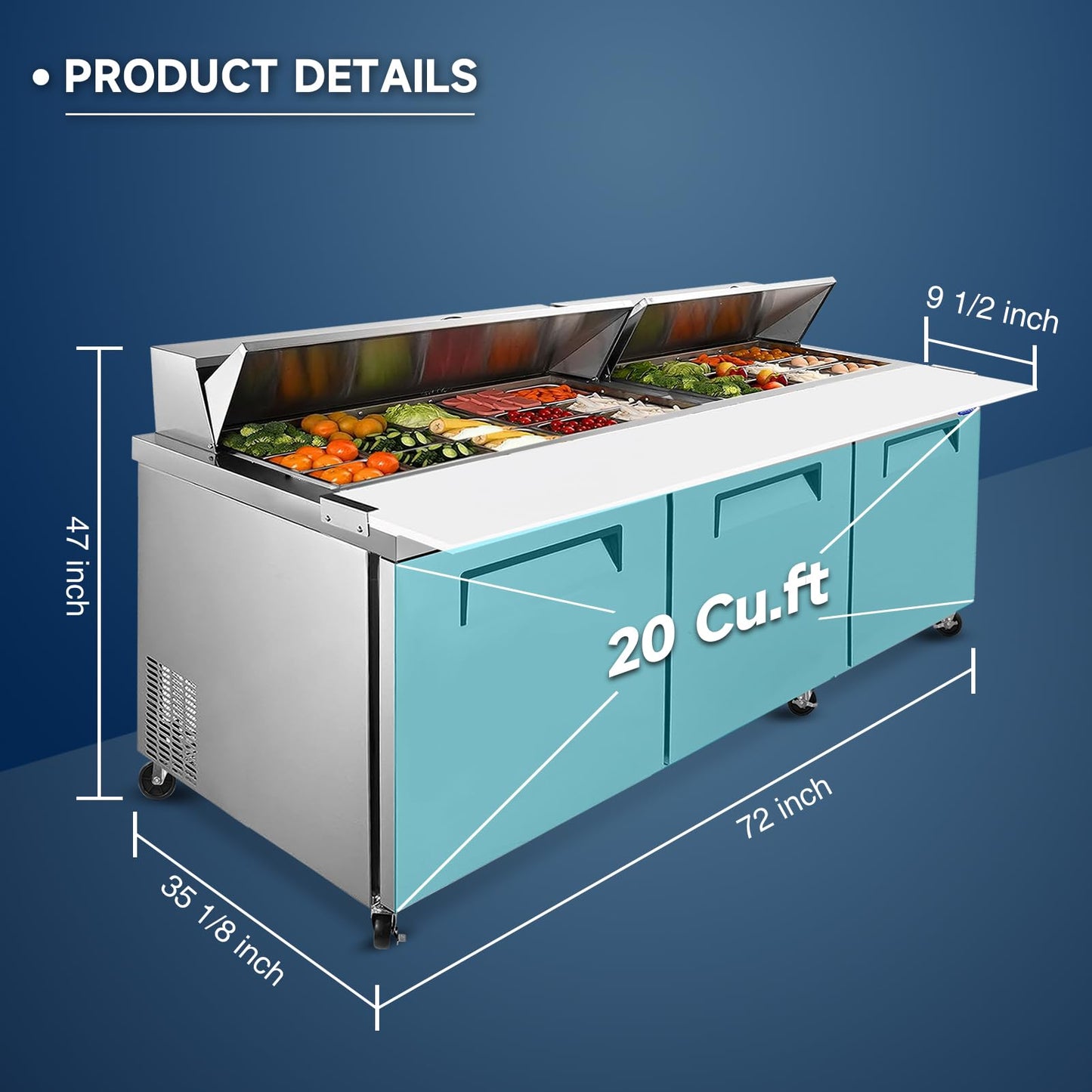 72"W Commercial Sandwich Prep Table Refrigerator - Stainless Steel Door with 30 Pans, 20 Cu.Ft Capacity, Auto Defrost, Digital Temperature Control for Restaurants, Delis, Catering & Convenience Stores