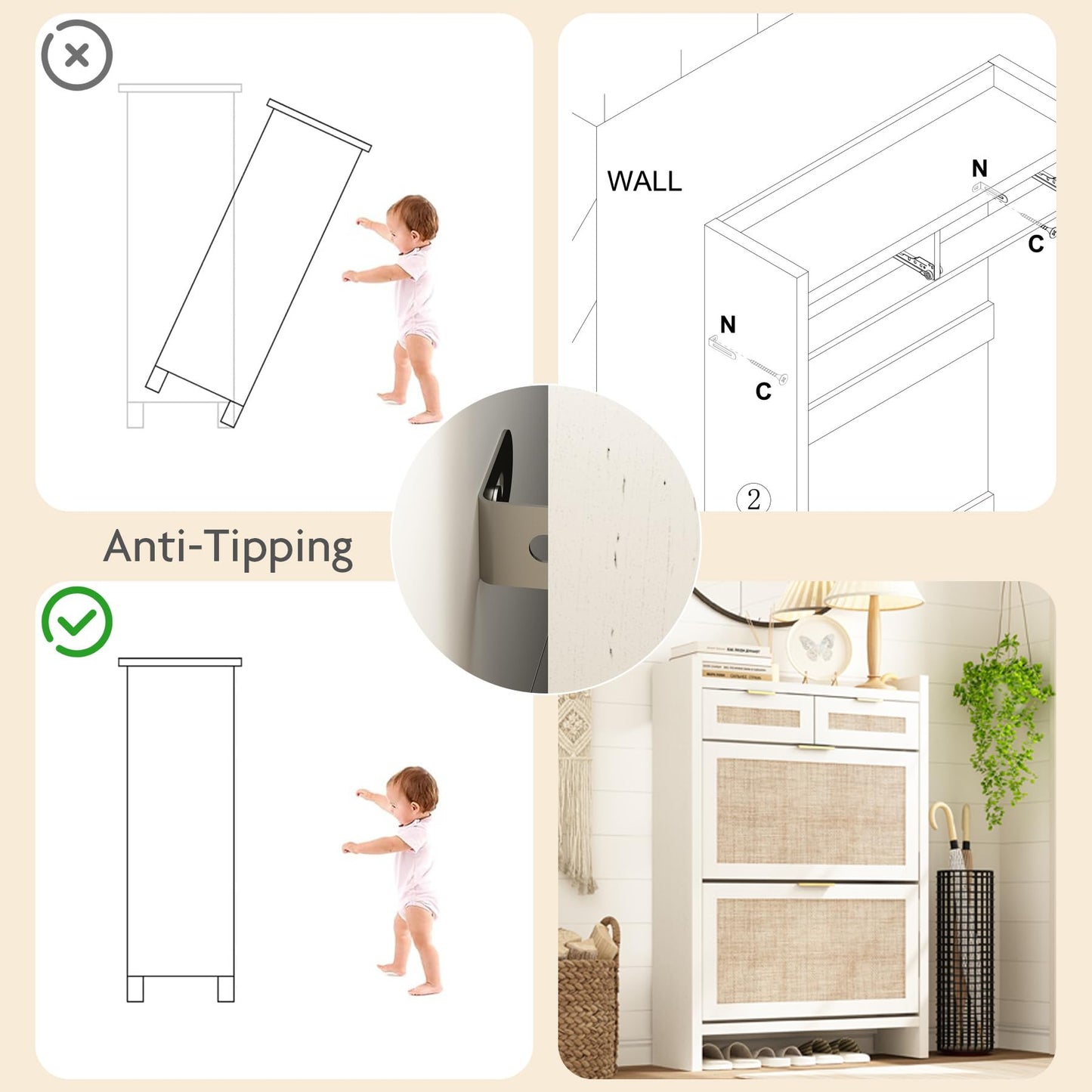 Shoe Organizer Cabinet Storage for Entryway - Slim Rattan Shoe Rack for Front Door Entrance, Narrow Hidden Shoe Cabinet with Flip Drawers, Boho Shoe Holder Cabinet，Two Doors, White, Set of 2