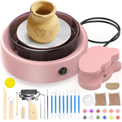 Skirfy Mini Pottery Wheel for Beginners Adults with Foot Pedal9.5" Ceramic Machine for Kids Art Craft Glow in Dark Kits 2.2LB Air-Dry Clay,Carving Tools Adjustable Speed,DIY Projects Birthday Gift