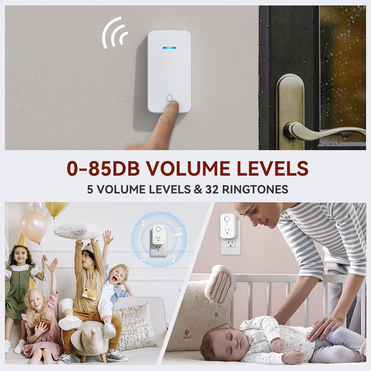 AIDA Wireless Doorbell, Self-powered Doorbell with Extra Socket, No Battery Required Push Button, Cordless Door Bell Ringer, 5 Volume Levels with 32 Doorbell Chimes (White, 2 Button & 1 Receiver)