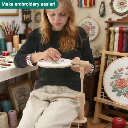 Airo Beech Wood Embroidery Hoop Stand, with 2 Pcs 6'' 8'' Embroidery Hoops, Rotatable, Tool-Free Installation, for Cross Stitch , Embroidery, Sewing Needlework