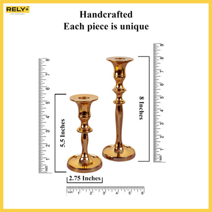 Rely+ Gold Metal Candle Holders for Taper Candlestick Set of 2 8" & 5.5" Tall Decorations for Home Table Centerpiece for Wedding, Parties, Dinners, Decorations