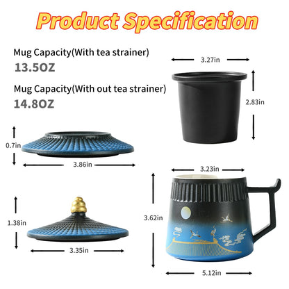 Coolpei Loose Leaf Tea Cup with Infuser and Lid, 14.8oz Chinese Ceramic Mug with Fine Mesh Strainer, Office Steeping Cup for Tea Lovers Gifts