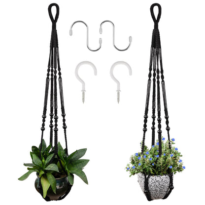 RIFNY Macrame Plant Hanger for 5 to 10 Inch Plant Pots, 35 Inch Woven Rope Hanger Kits with Hooks and Wood Beads, Hanging Planter Basket for Indoor Boho Home Decor (Black, 2 Pack)