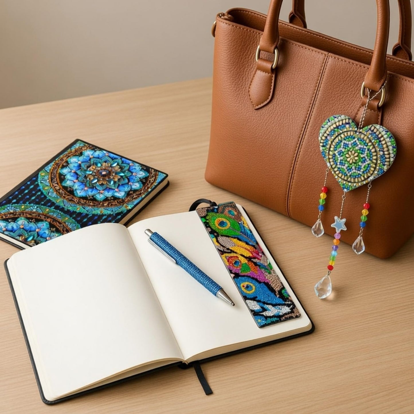 ForraFun Diamond Art Notebook for Adults Diamond Painting Journals Notebooks 5d DIY Diamonds Notebook Painting Kit with Diamonds Ballpoint DIY Bookmark & Wind Chime for Crafts Gift(Mandala)