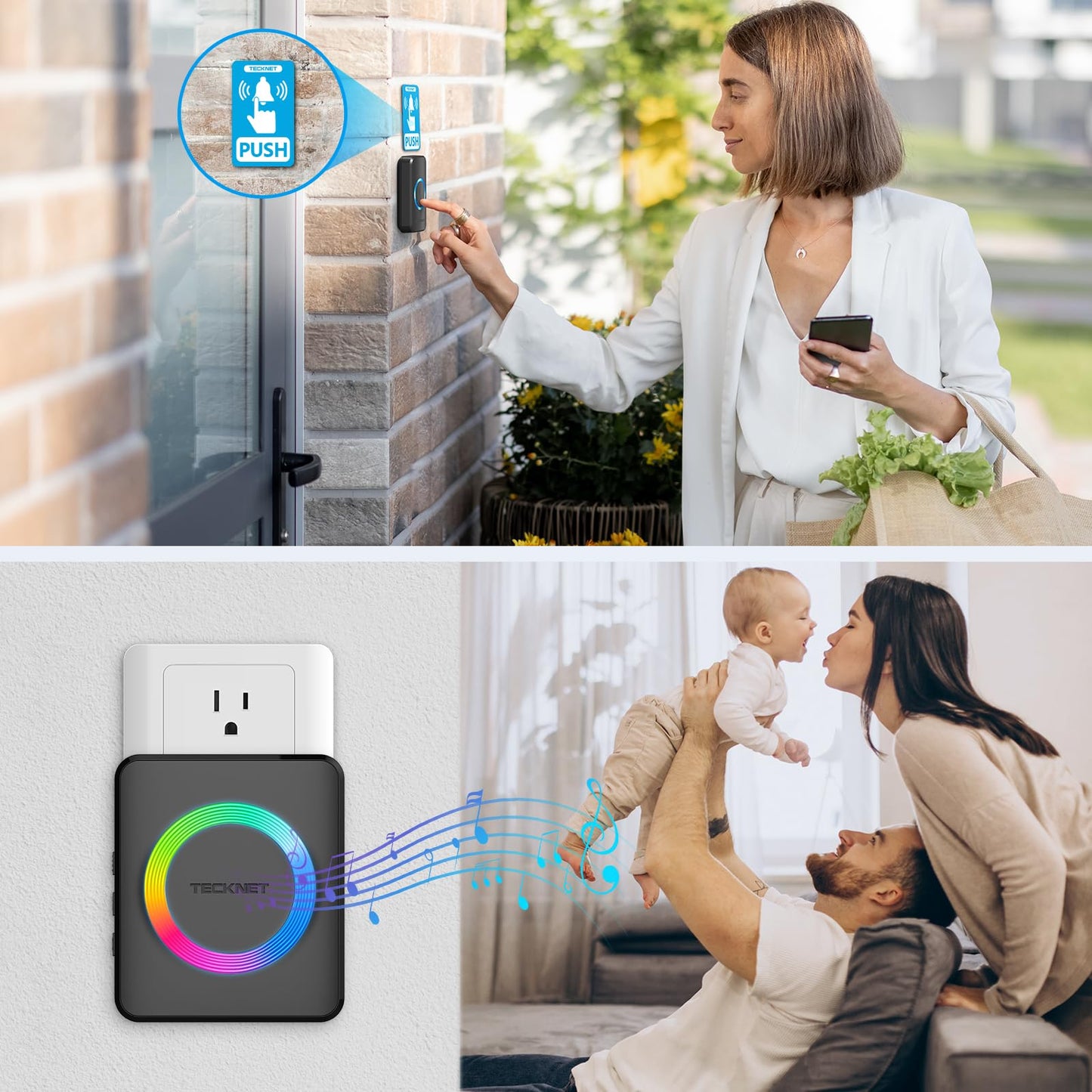TECKNET Wireless Doorbell, Door Bell 0-120dB, 1300 ft Wireless Range, IP65 Waterproof Classroom Doorbells, 60 Chimes & 5 Volume Levels, RGB Light for Home Kid Room Office Hearing Impaired