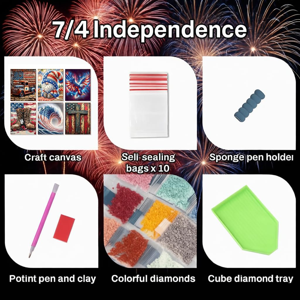 Clendo 6 Pack Independence Day Diamond Art Kits for Adults - 4 of July Patriotic Diamond Painting for Adults, Full Drill 5D Diamond Dots Gem Painting Kit for Wall Home Decor Arts Craft 12x16 inch