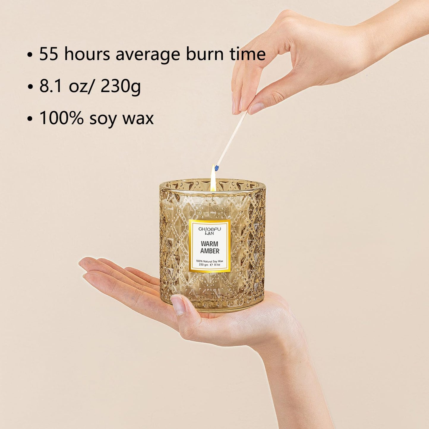 Chloefu LAN Amber Candles, Luxury Candle for Home Scented, Long Burning Time, Holiday Gifts, All Natural Soy Wax Decorative Candles, Scented Candle Gifts for Men&Women, 8.1oz