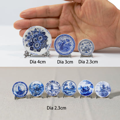 6PCS Handcrafted Miniature Ceramic Plates in 1:12 or 1:6 Scale, Vintage Porcelain Playhouse Dishes (Blue-White B, 2.3CM)