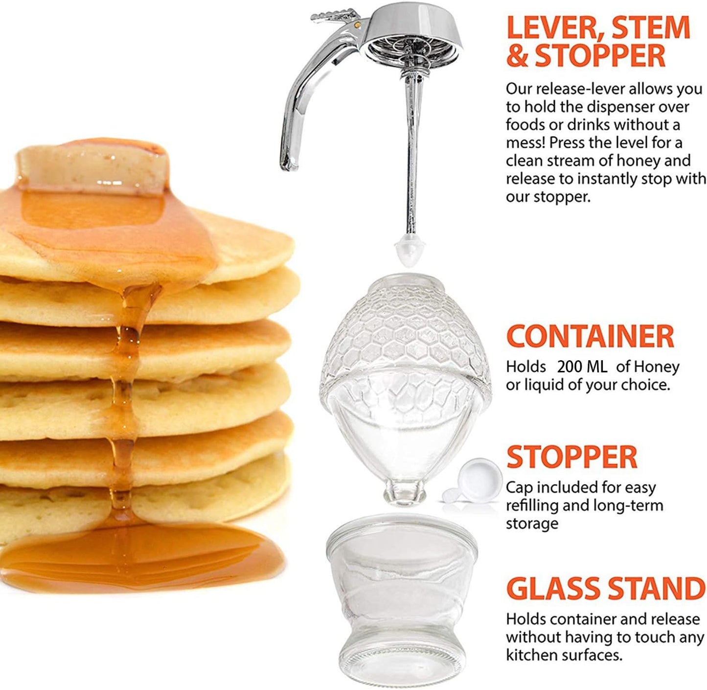 Squeeze Honey Dispenser, Plastic No Drip Maple Syrup Container, Juice Jar Bee Drip Dispenser, Honey Pot with Stand,